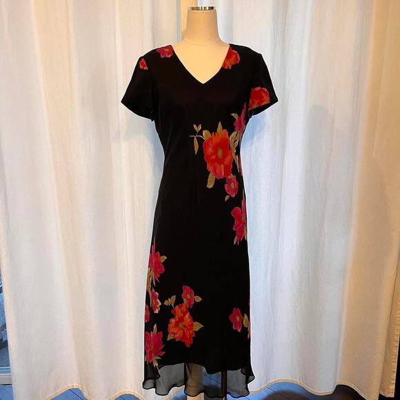 VTG 90s Formal Midi Dress Floral Black Red Size 14 Coquette Formal Modest Party - Picture 3 of 4